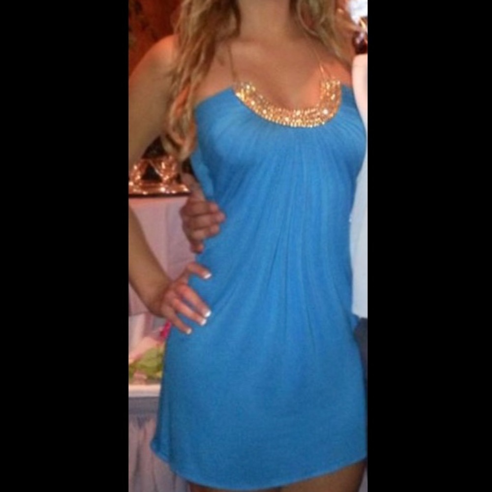 Blue sky dress with gold embellishment size xs